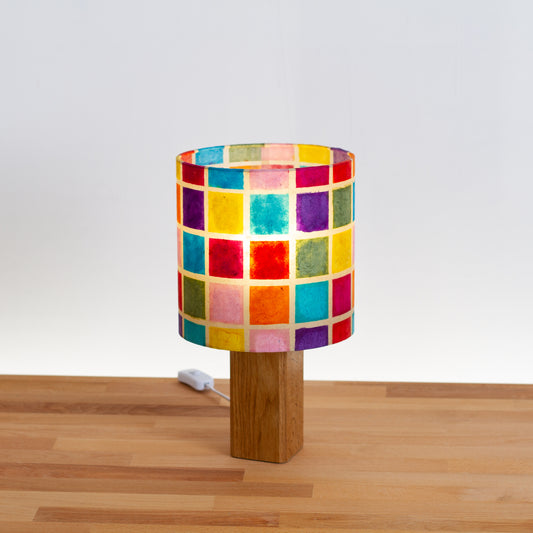 Square Oak Table Lamp with 20cm Drum Lamp Shade P01 Batik Mutli Square