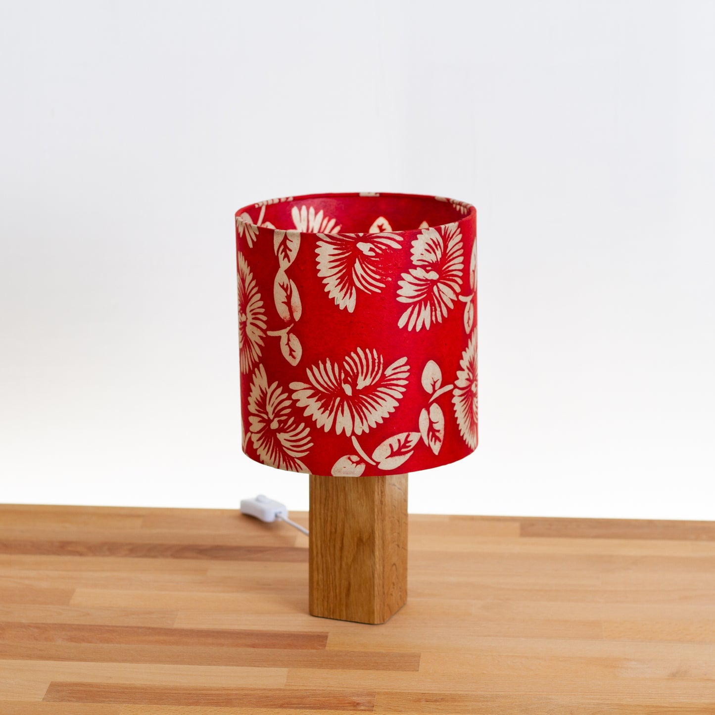Square Oak Table Lamp with 20cm Drum Lamp Shade B118 - Batik Peony Red