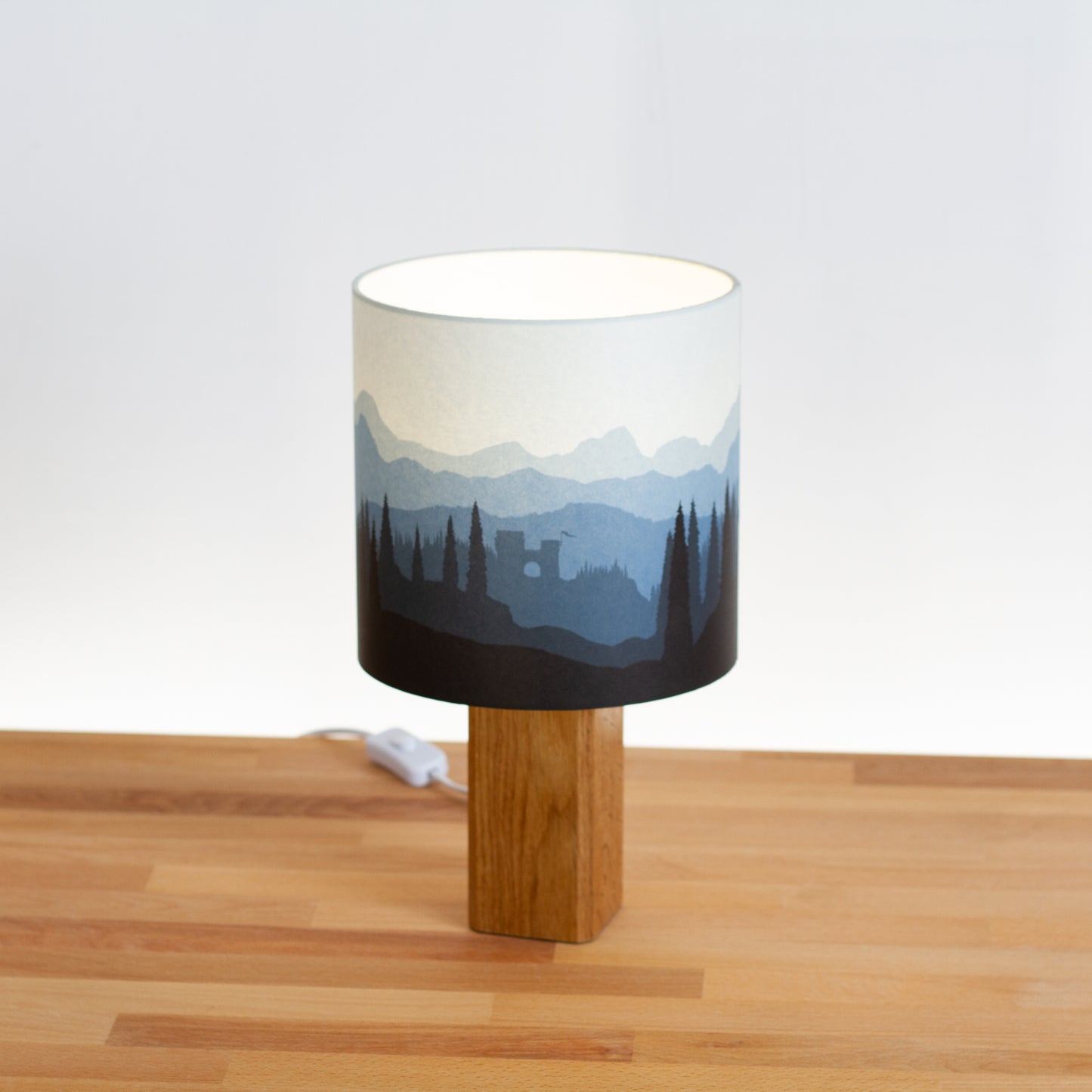 Forest Landscape Print ~ Blue, Oak Table Lamp