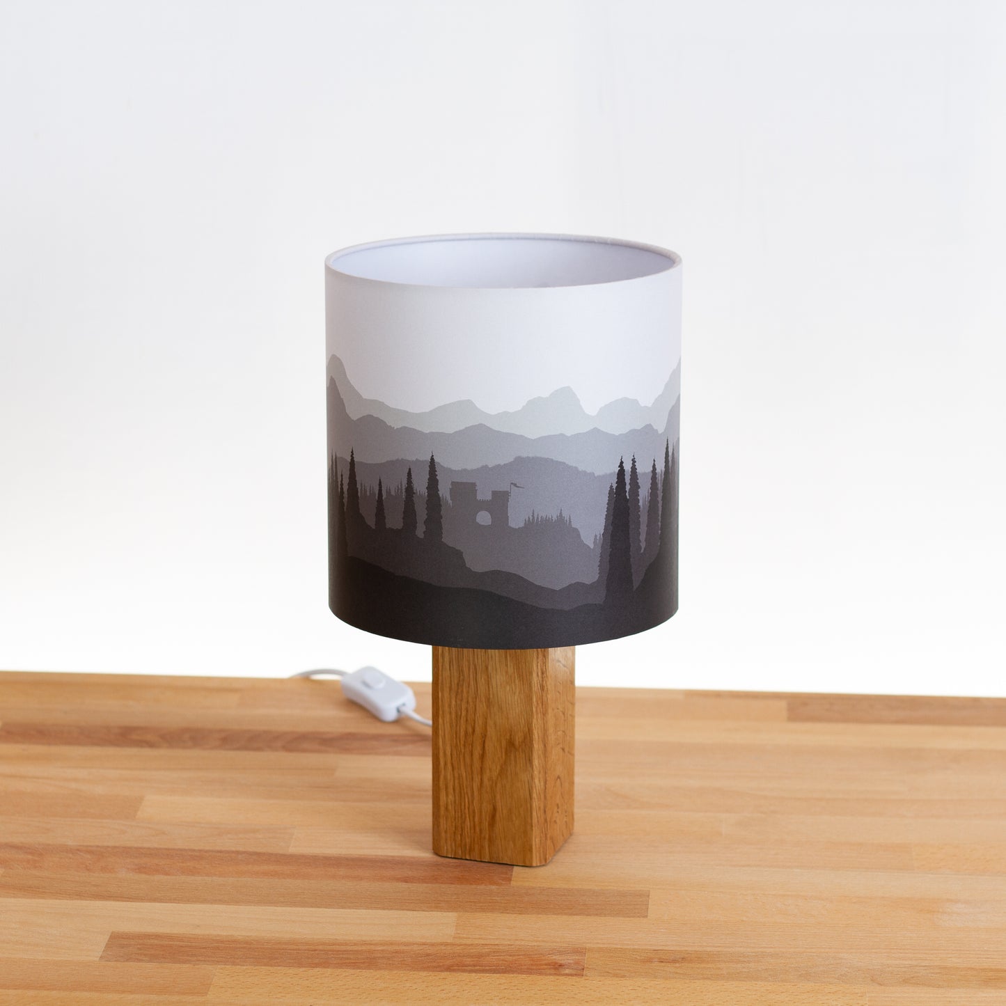 Forest Landscape Print ~ Grey , Oak Table Lamp