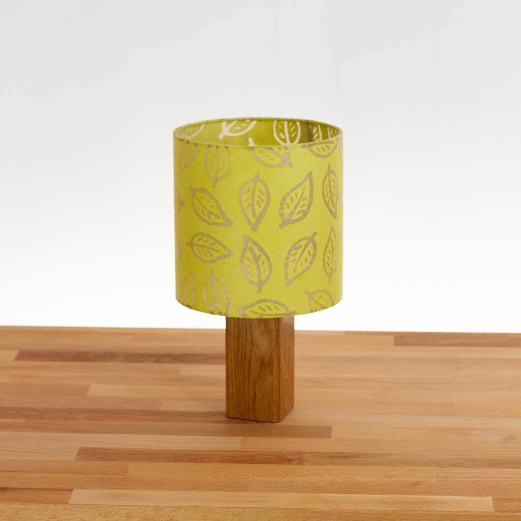 Square Oak Table Lamp with 20cm Drum Lamp Shade B117 - Batik Leaf Lime