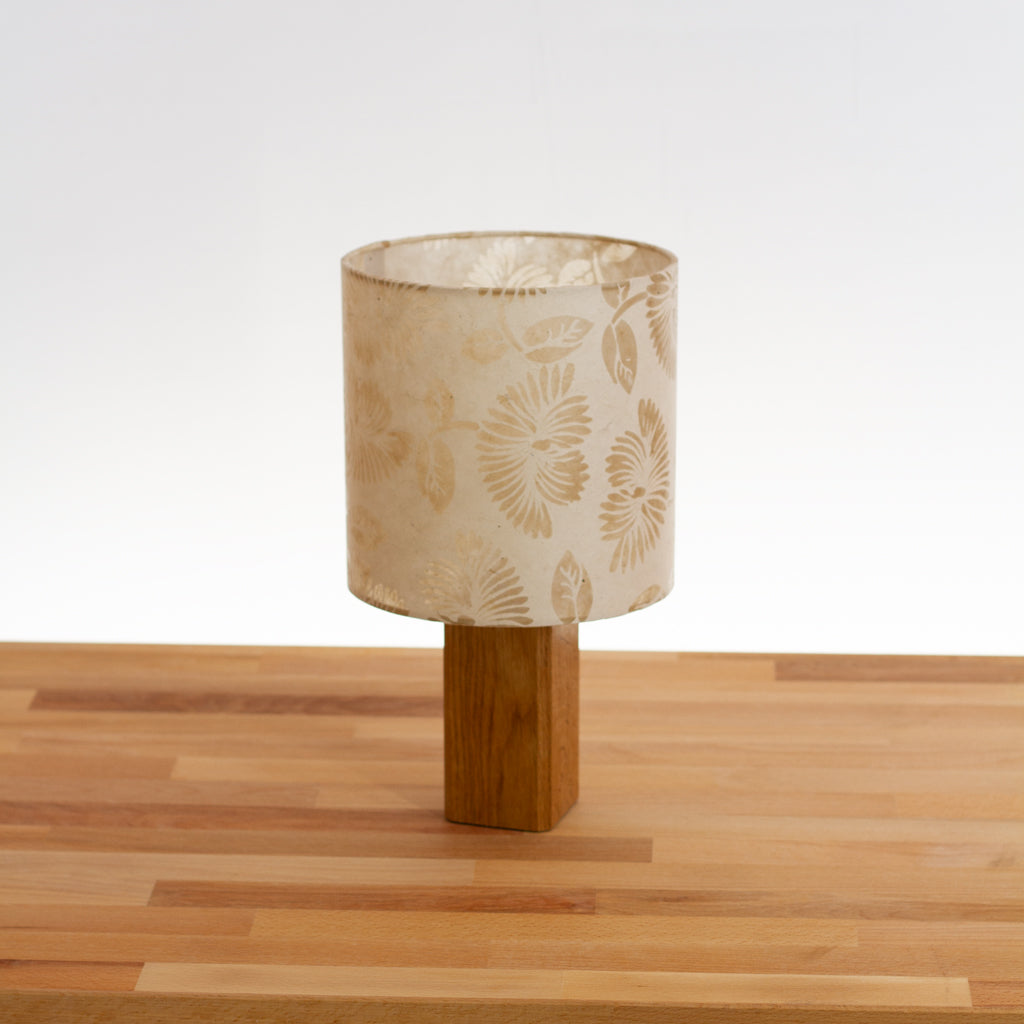 Square Oak Table Lamp with 20cm Drum Lamp Shade P09 ~ Batik Peony on Natural