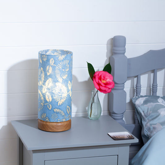Flat Round Oak Table Lamp with 15cm x 30cm Lampshade in B129 ~ Batik Peony Blue