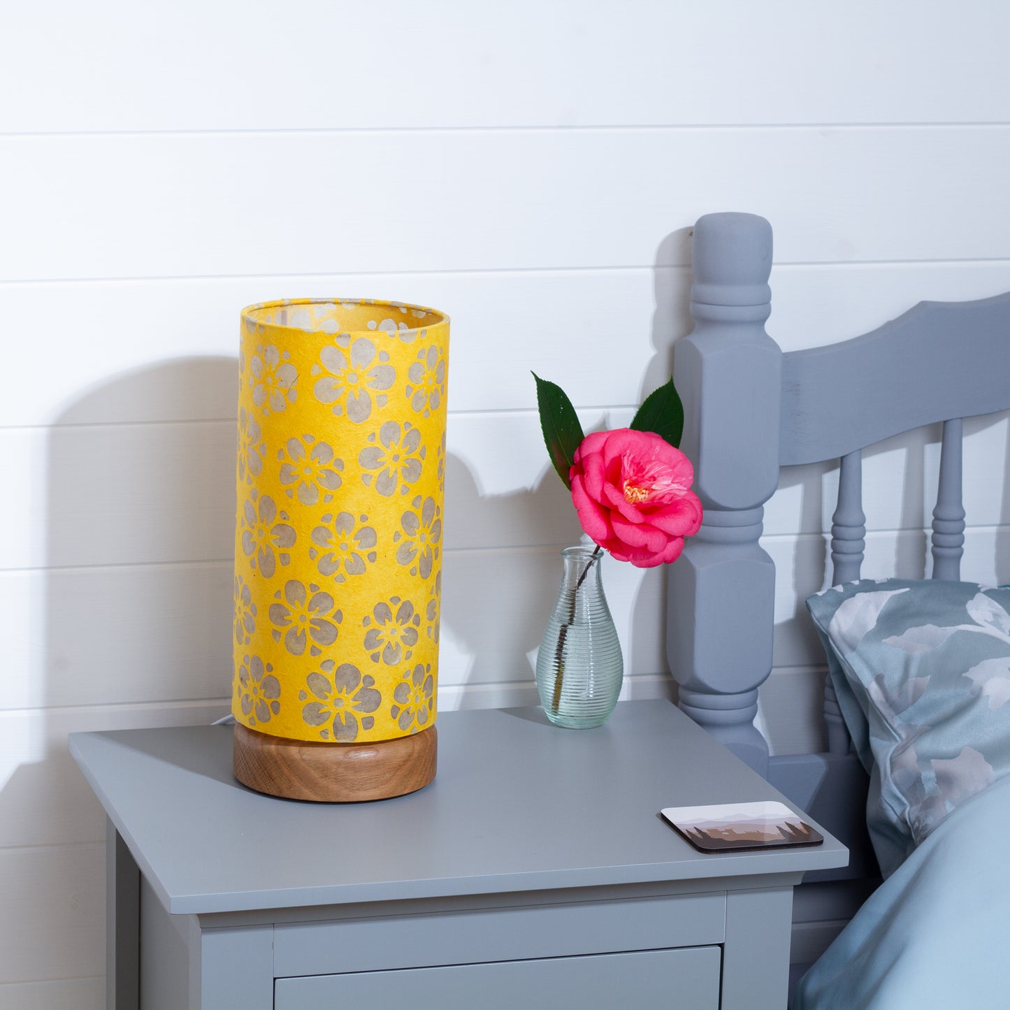 Flat Round Oak Table Lamp with 15cm x 30cm Lampshade in B128 ~ Batik Star Flower Yellow