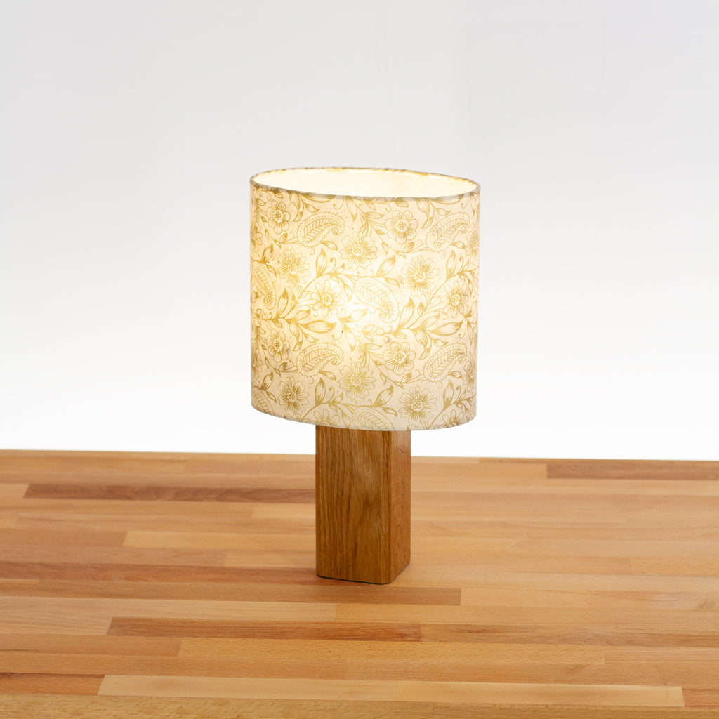 Square Oak Lamp Base with Oval Lampshade in P69 - Garden Gold on Natural