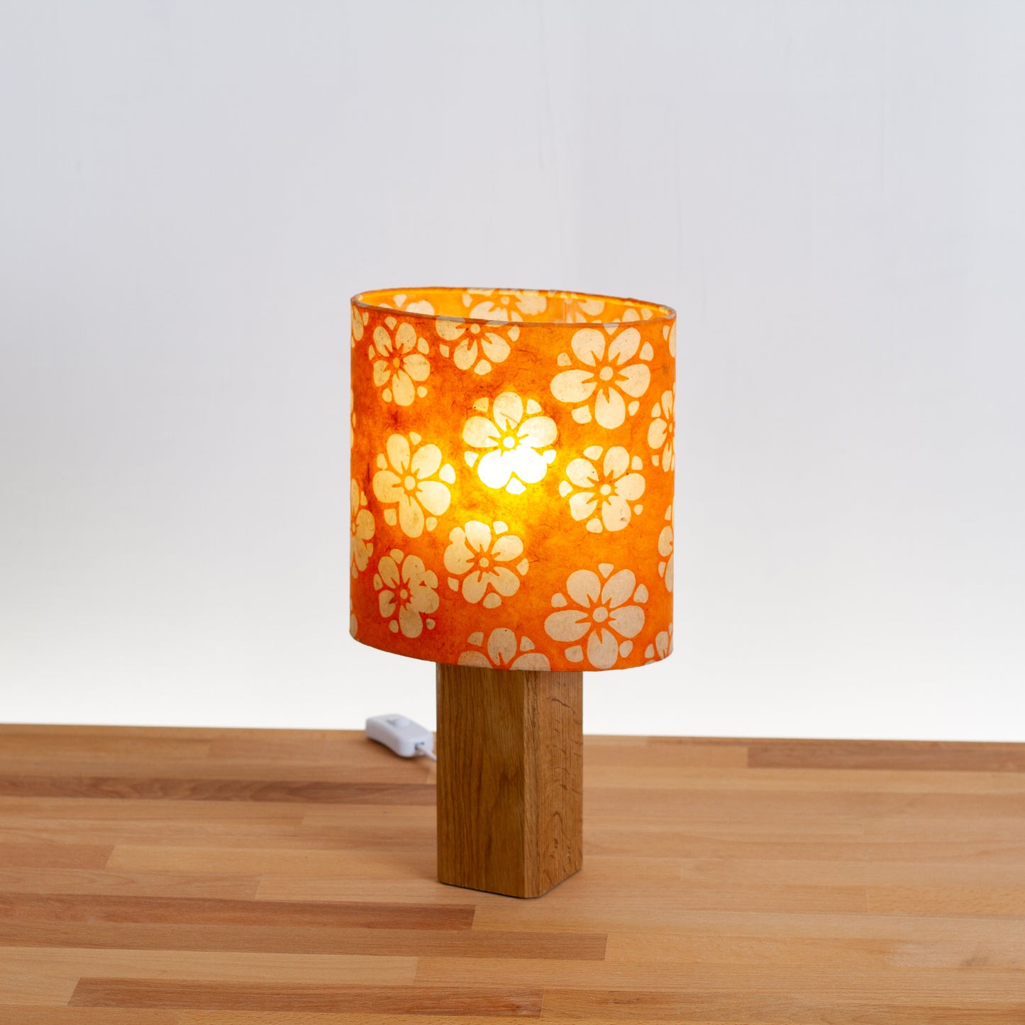 Square Oak Table Lamp with 20cm Oval Lamp Shade P94 - Batik Star Flower on Orange