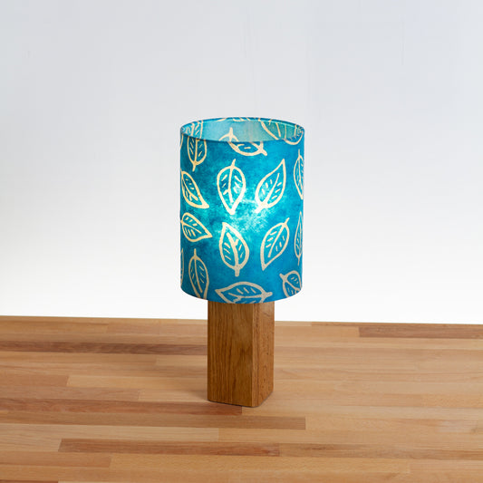 Square Oak Table Lamp with 15cm Drum Lamp Shade B125 ~ Batik Leaf Teal