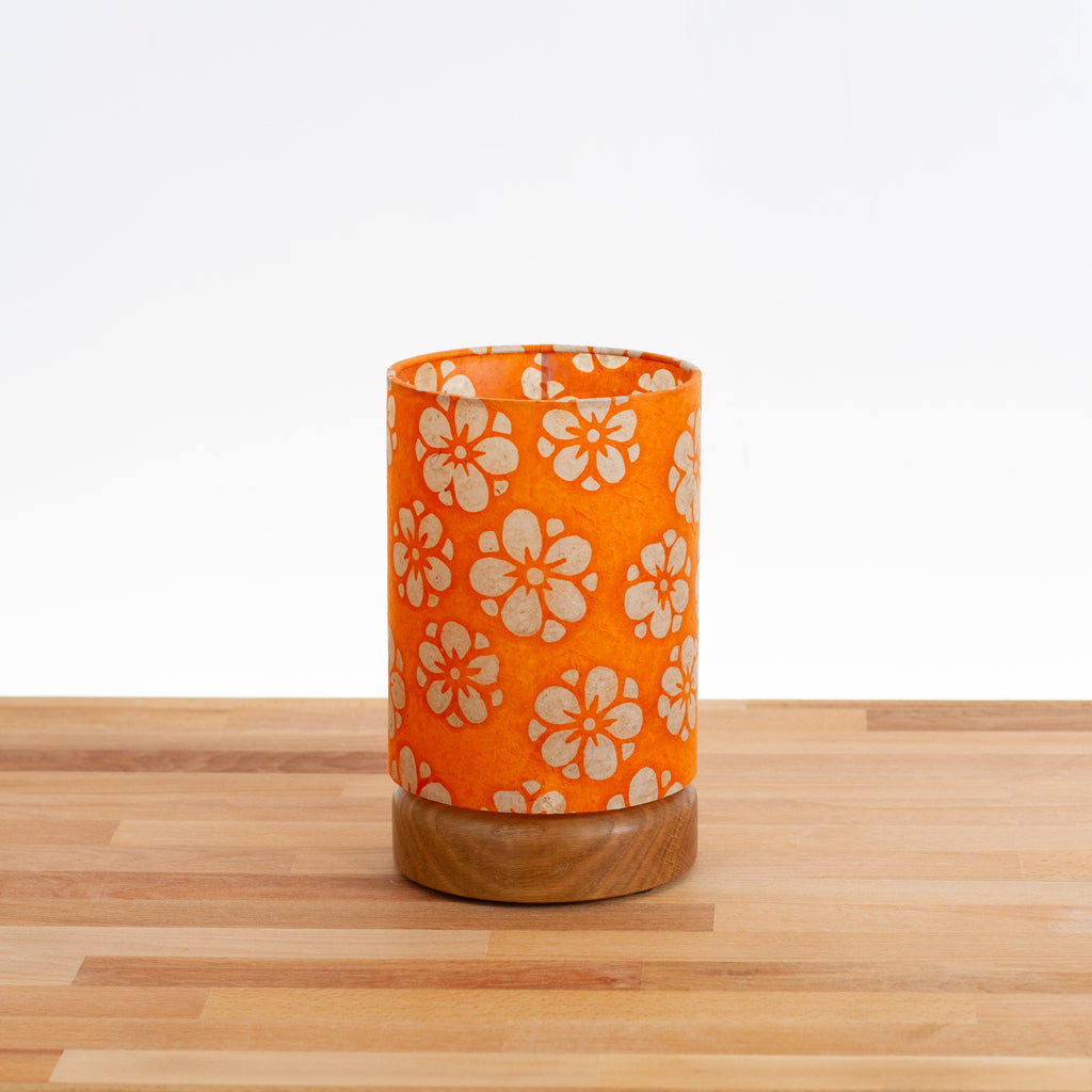 Flat Round Oak Table Lamp with 15cm x 20cm Lampshade in P94 - Batik Star Flower on Orange