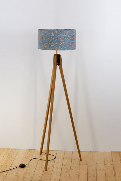Oak Tripod Floor Lamp - P31 - Batik Leaf on Blue