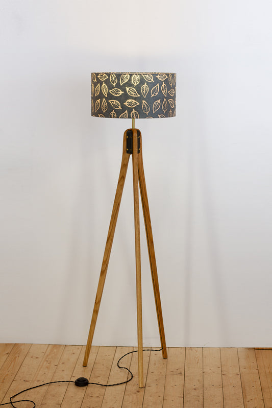 Oak Tripod Floor Lamp - B124 ~ Batik Leaf Grey