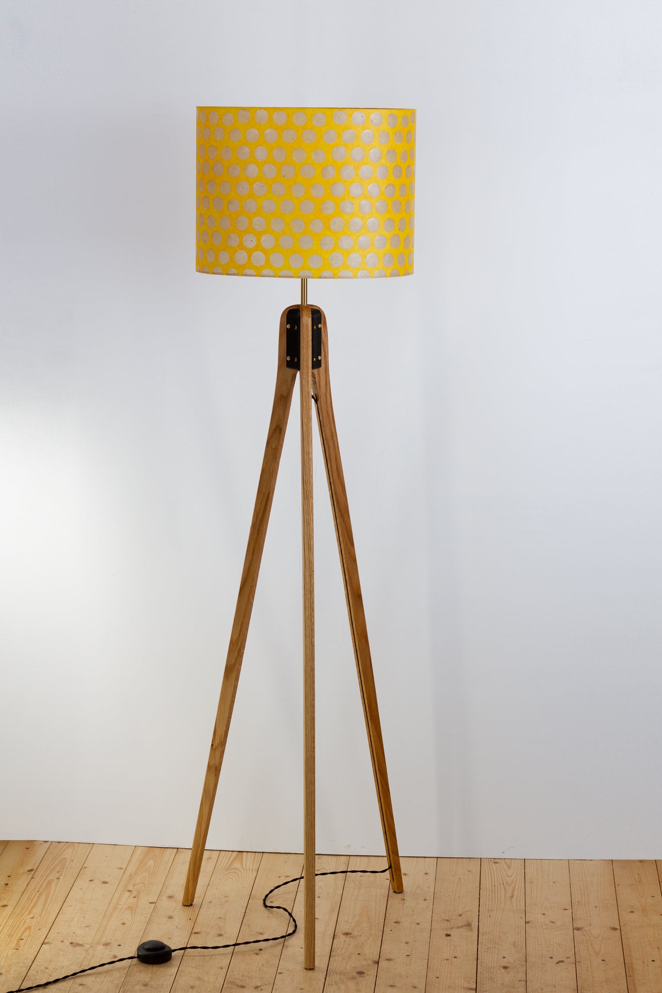 Oak Tripod Floor Lamp  - P86 ~ Batik Dots on Yellow