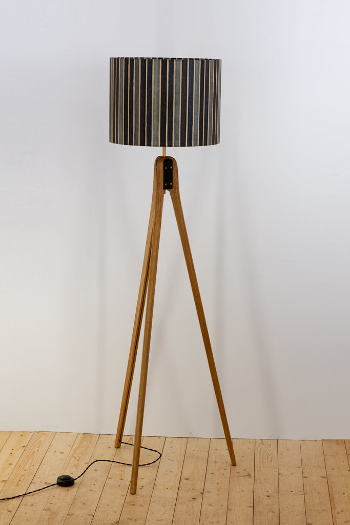 Oak Tripod Floor Lamp - P08 - Batik Stripes Grey