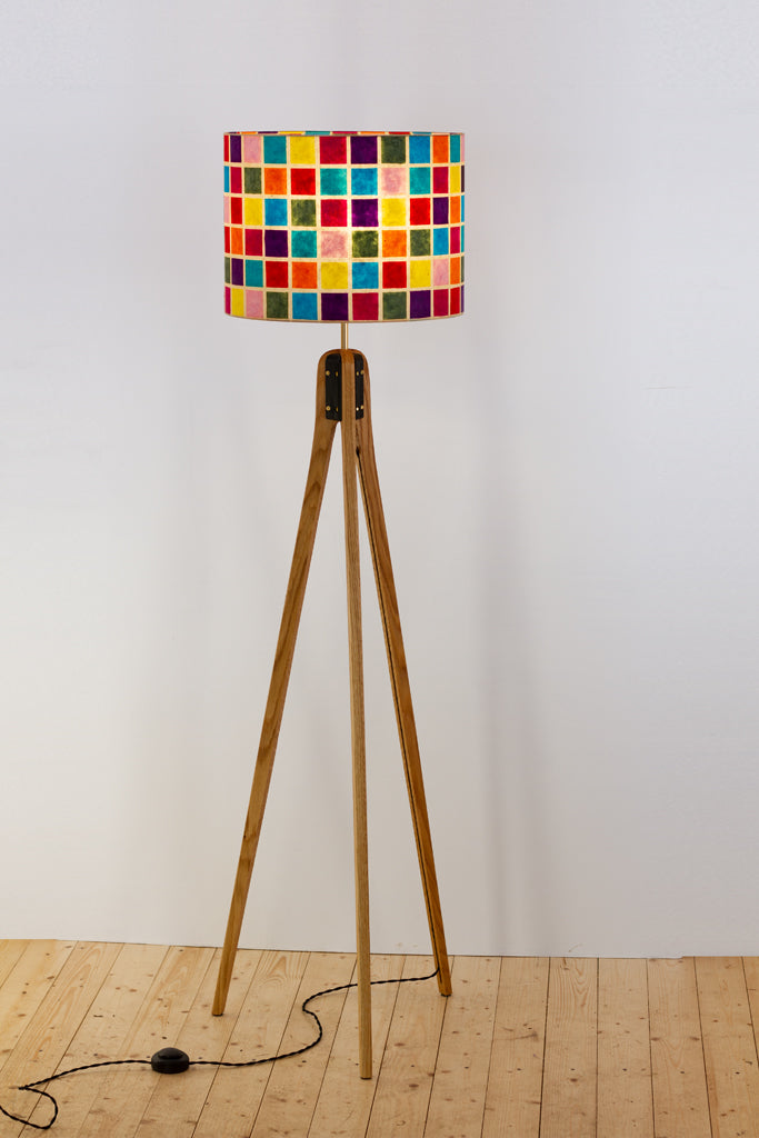 Oak Tripod Floor Lamp - P01 - Batik Multi Square
