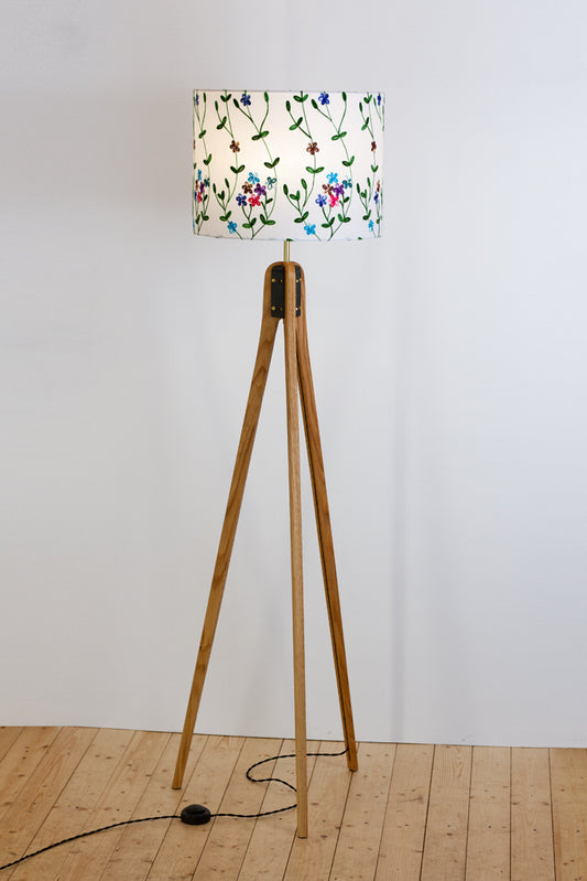 Oak Tripod Floor Lamp - P43 - Embroidered Flowers on White