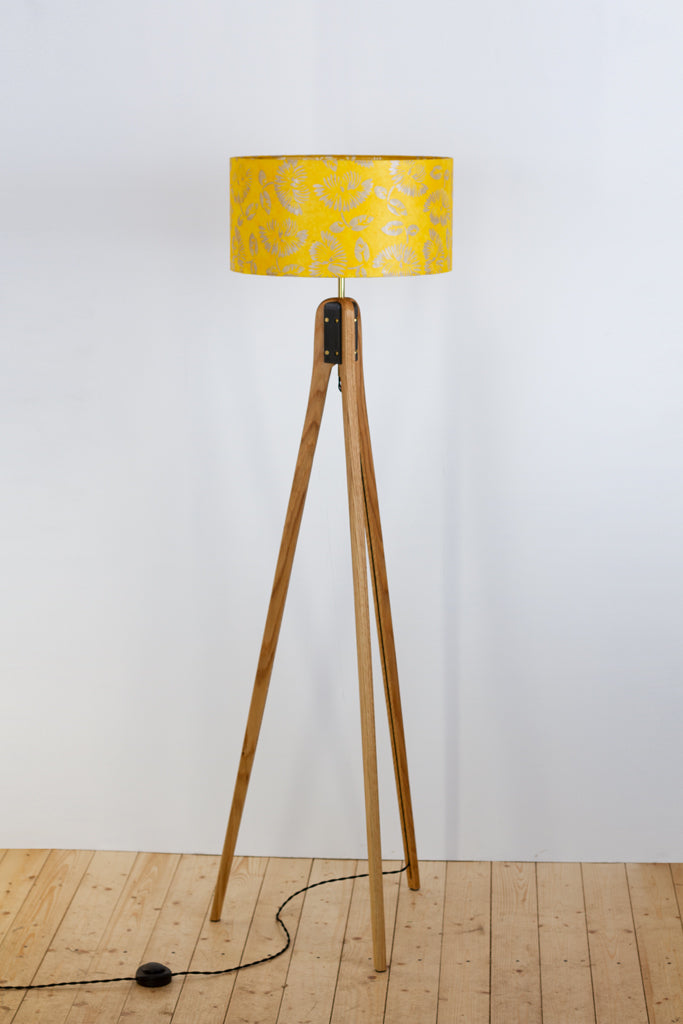Oak Tripod Floor Lamp - B120 Batik Peony Yellow