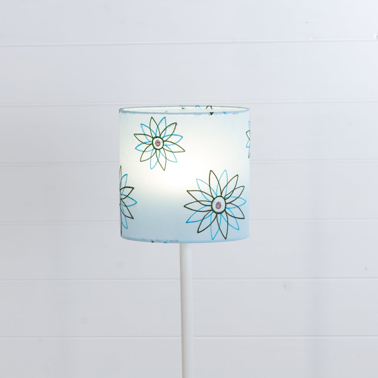 Oval Lamp Shade - P45 ~ Embroidered Aqua, 20cm(w) x 20cm(h) x 13cm(d)