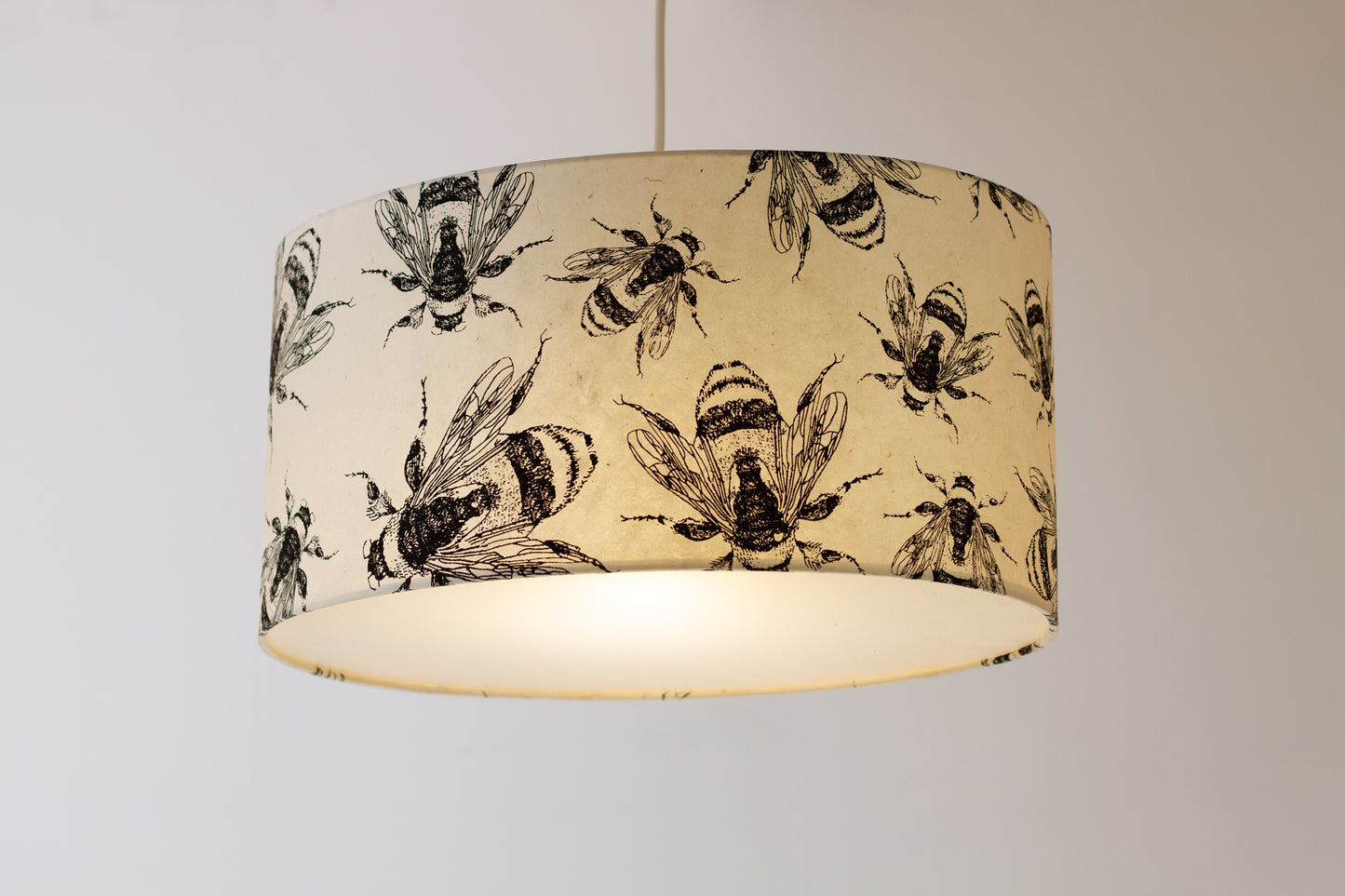 Oval Lamp Shade - P42 - Bees Screen Print on Natural Lokta, 40cm(w) x 20cm(h) x 30cm(d)