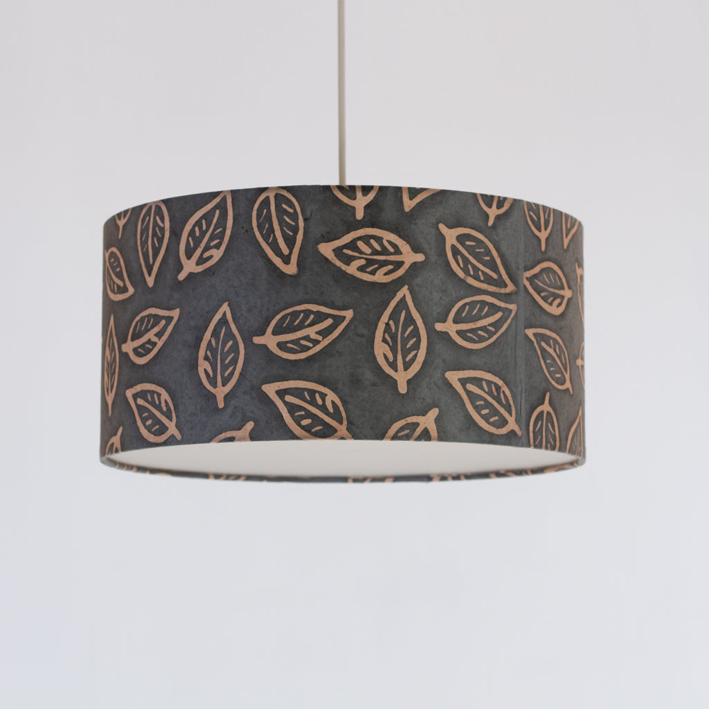 Drum Lamp Shade - B124 ~ Batik Leaf Grey, 35cm(d) x 20cm(h)