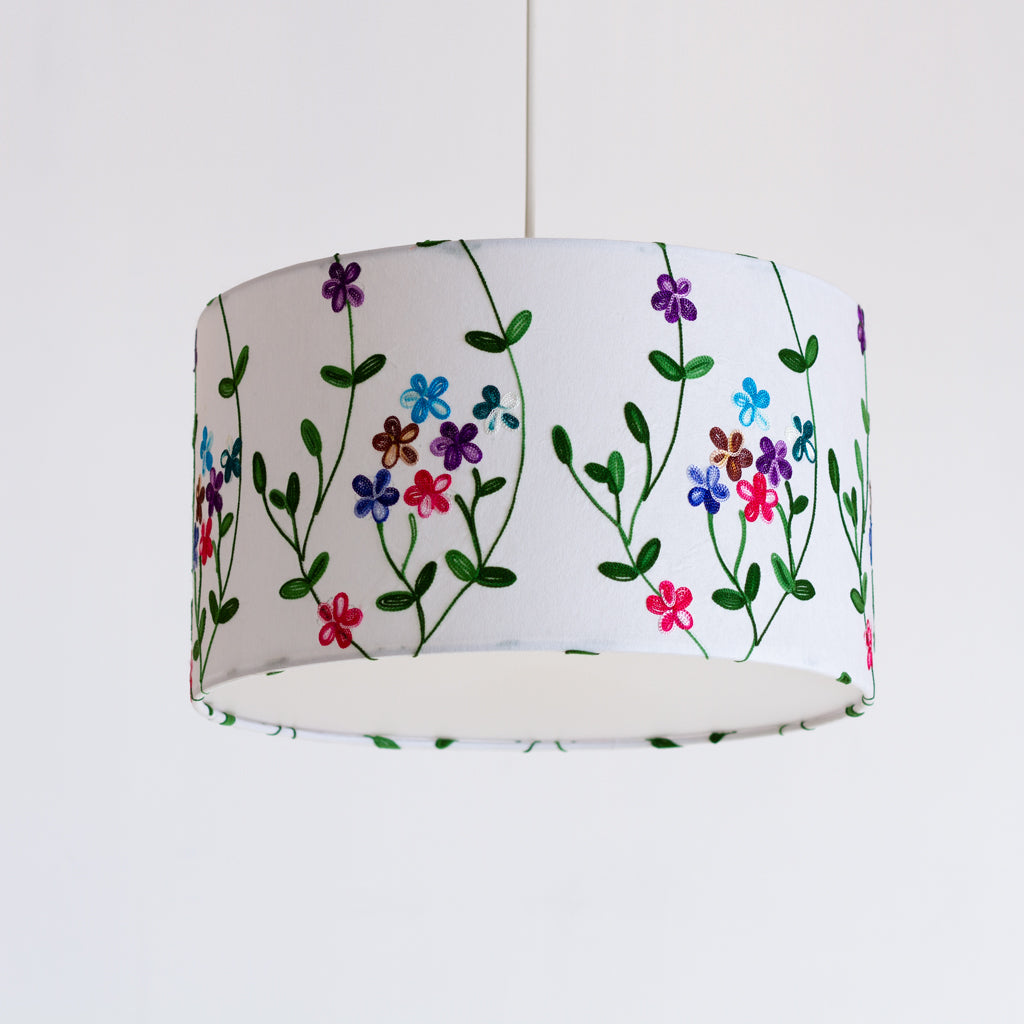 Drum Lamp Shade - P43 - Embroidered Flowers on White, 35cm(d) x 20cm(h)