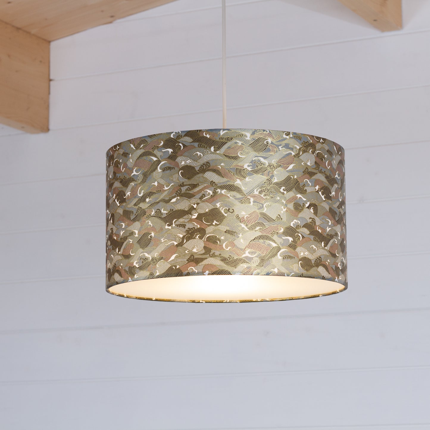 Drum Lamp Shade - W03 ~ Gold Waves on Greys, 35cm(d) x 20cm(h)