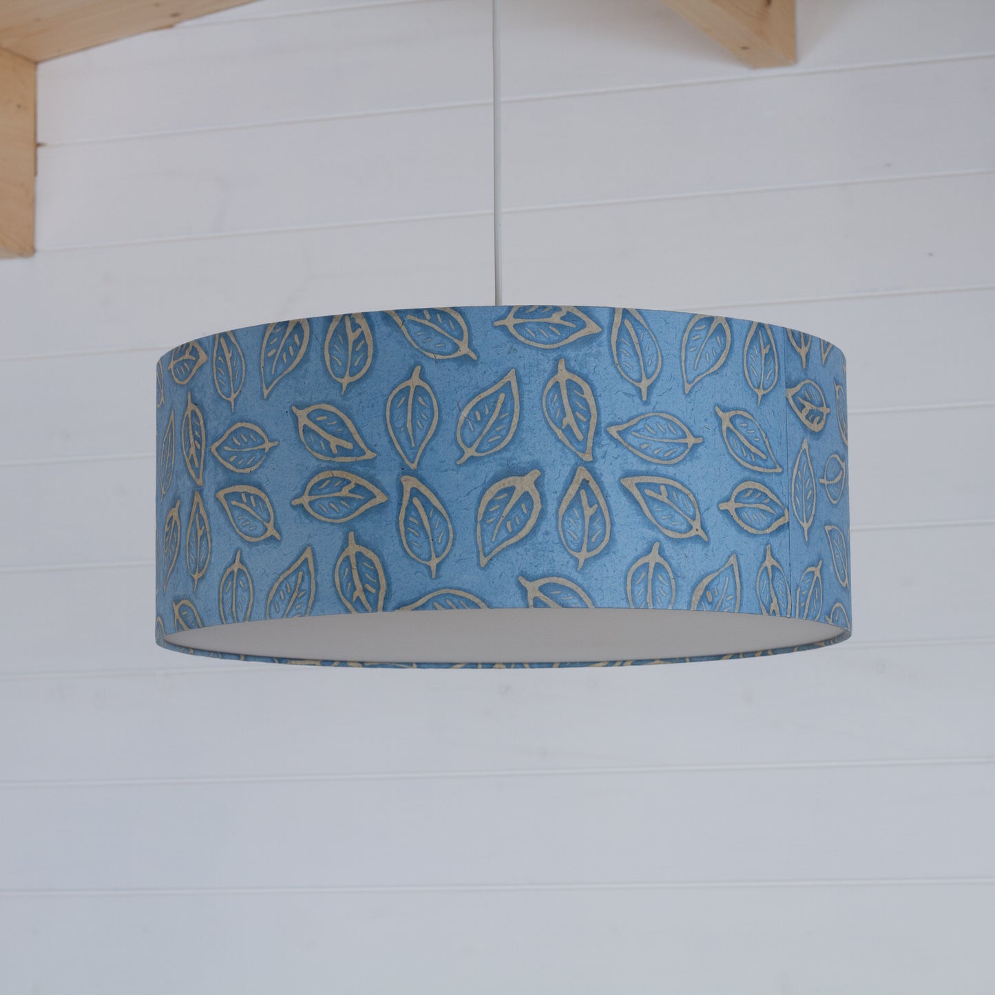 Drum Lamp Shade - P31 - Batik Leaf on Blue, 50cm(d) x 20cm(h)