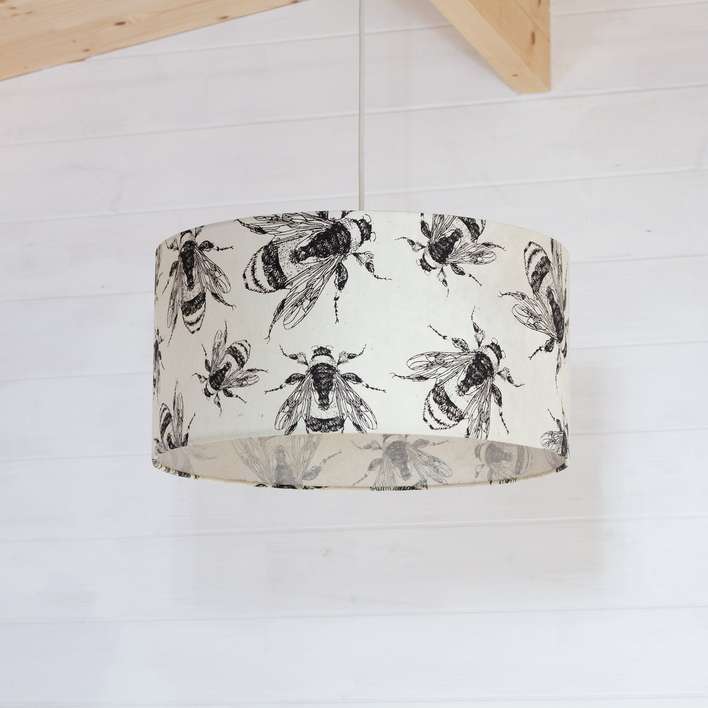 Oval Lamp Shade - P42 - Bees Screen Print on Natural Lokta, 40cm(w) x 20cm(h) x 30cm(d)