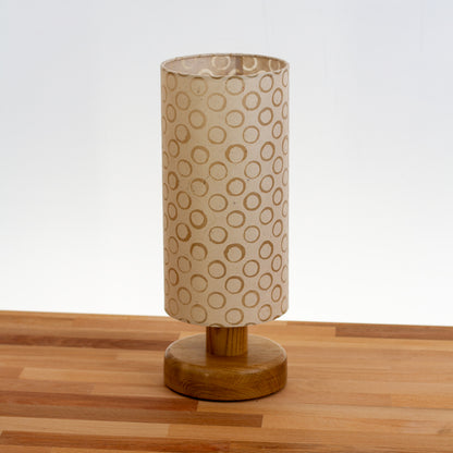 Round Oak Table Lamp with 15cm x 30cm Drum Lampshade in P74 ~ Batik Natural Circles