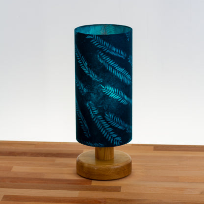 Round Oak Table Lamp with Riser, 15cm x 30cm Drum Lampshade in B106 ~ Resistance Dyed Teal Fern