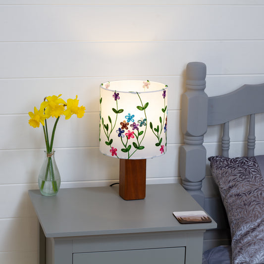 Square Sapele Table Lamp with 20cm Drum Lamp Shade ~ Embroidered Flowers on White (P43)