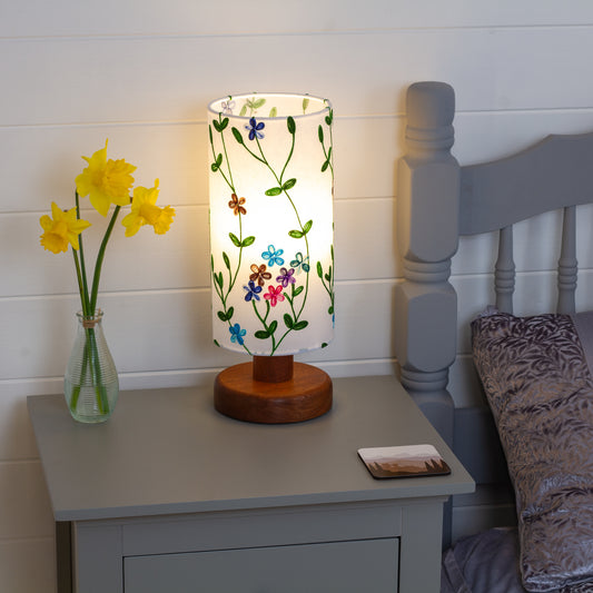 Handmade Sapele Table Lamp Round  (15cm) with 15cm x 30cm Drum Lampshade in Embroidered Flowers on White (P43)