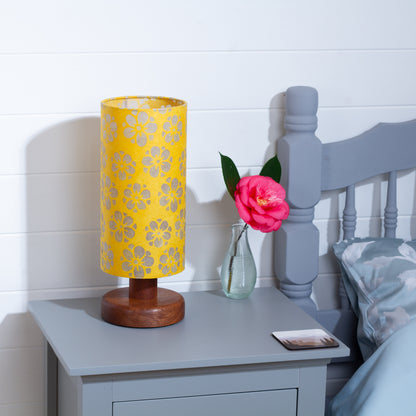 Round Sapele Table Lamp (15cm) with 15cm x 30cm Drum Lampshade in B128 ~ Batik Star Flower Yellow