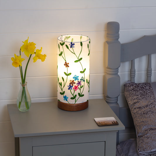 Handmade Sapele Table Lamp Flat Round  (15cm) with 15cm x 30cm Drum Lampshade in Embroidered Flowers on White (P43)
