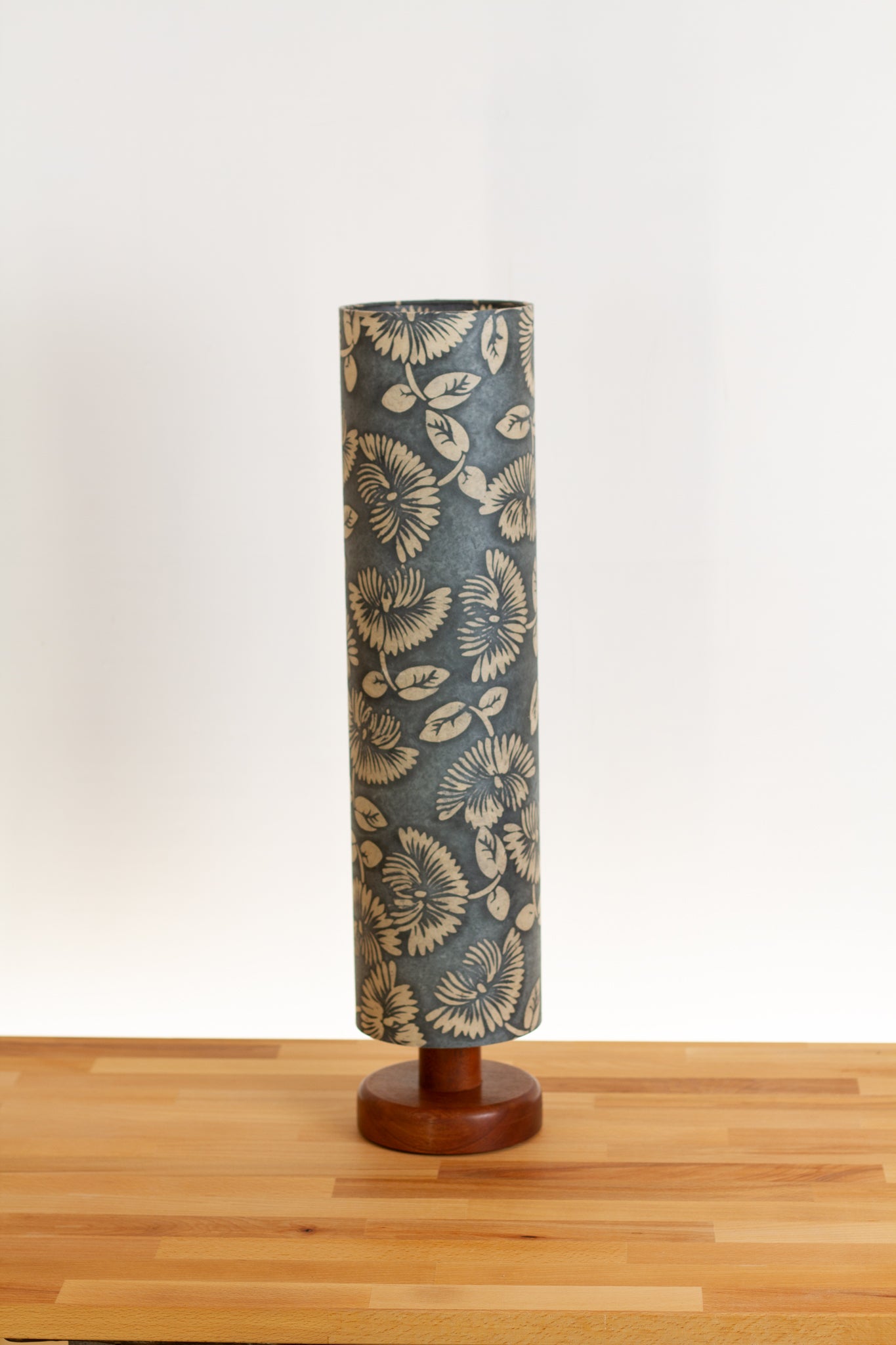 Round Sapele Table Lamp with 15cm x 65cm Lampshade in B119 ~ Batik Peony Grey