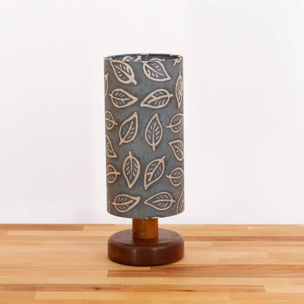 Round Sapele Table Lamp (15cm) with 15cm x 30cm Drum Lampshade in Batik Leaf Grey (B124)
