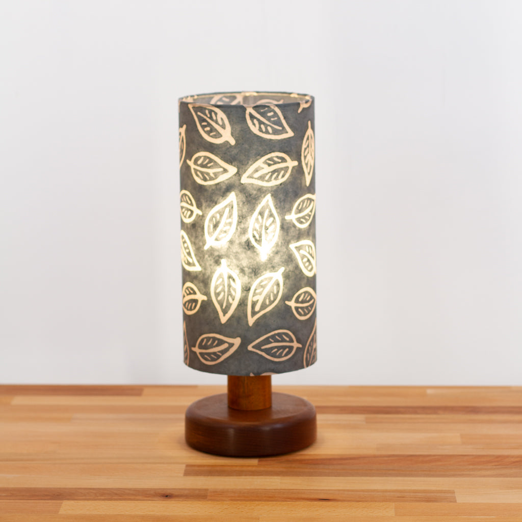 Round Sapele Table Lamp (15cm) with 15cm x 30cm Drum Lampshade in Batik Leaf Grey (B124)