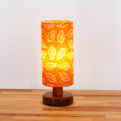 Round Sapele Table Lamp (15cm) with 15cm x 30cm Drum Lampshade in Batik Leaf Orange B123