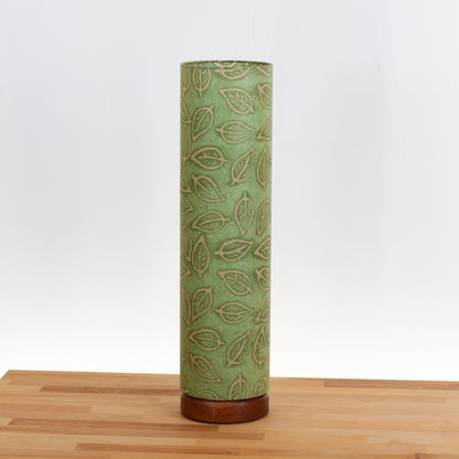Flat Round Sapele Table Lamp with 15cm x 60cm Lampshade in P29 - Batik Leaf on Green