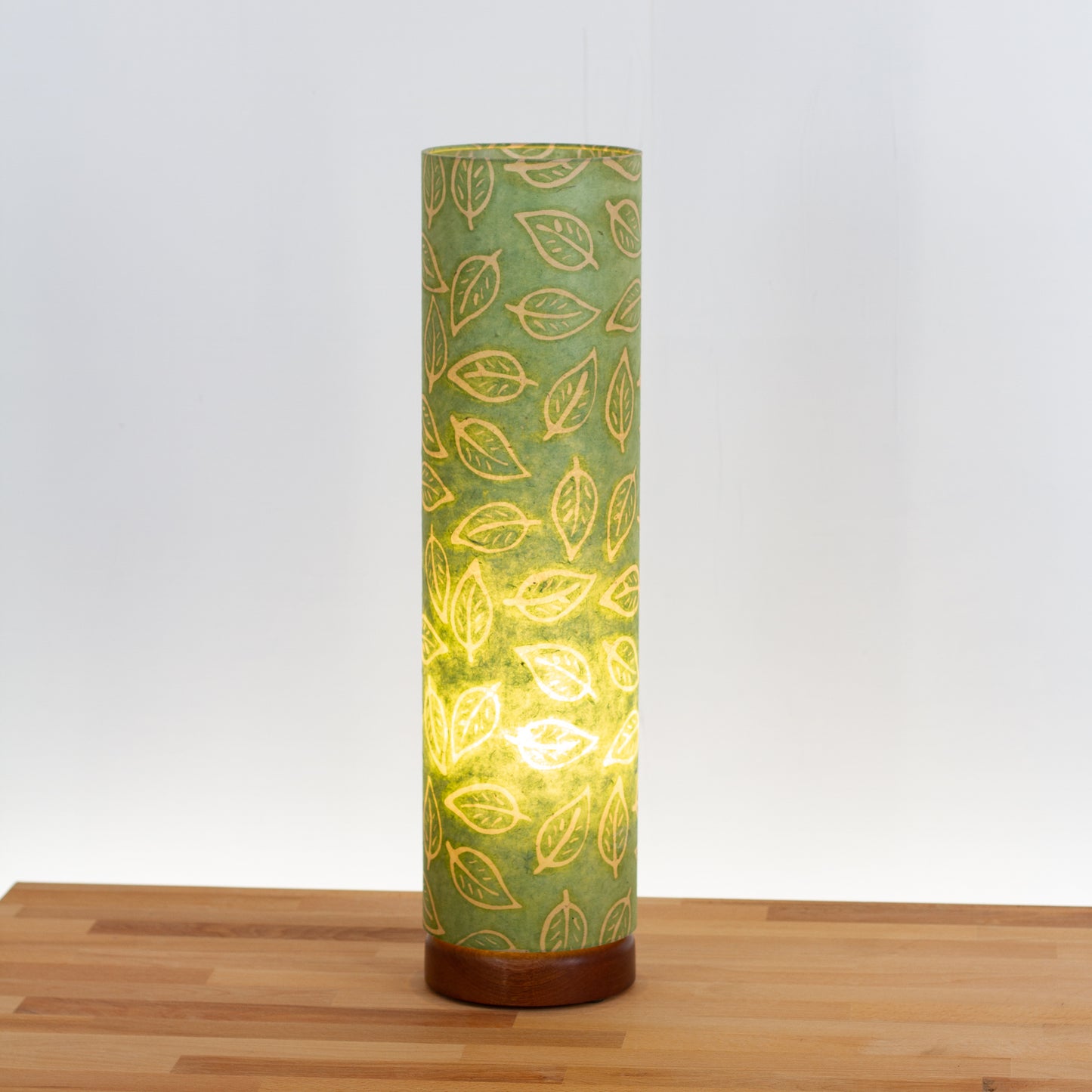 Flat Round Sapele Table Lamp with 15cm x 60cm Lampshade in P29 - Batik Leaf on Green