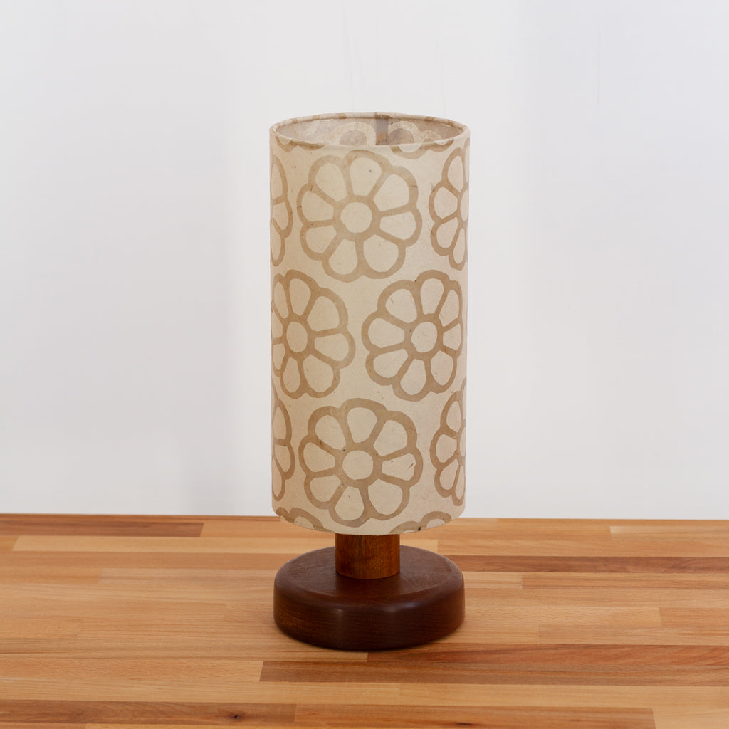 Round Sapele Table Lamp (15cm) with 15cm x 30cm Drum Lampshade in Batik Big Flower on Natural(P17)