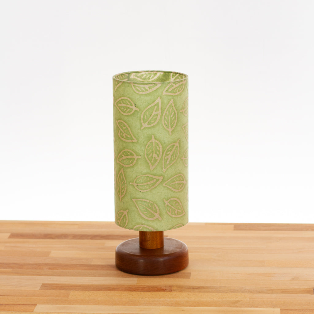 Round Sapele Table Lamp with 15cm x 30cm Lamp Shade in Batik Leaf Green P29