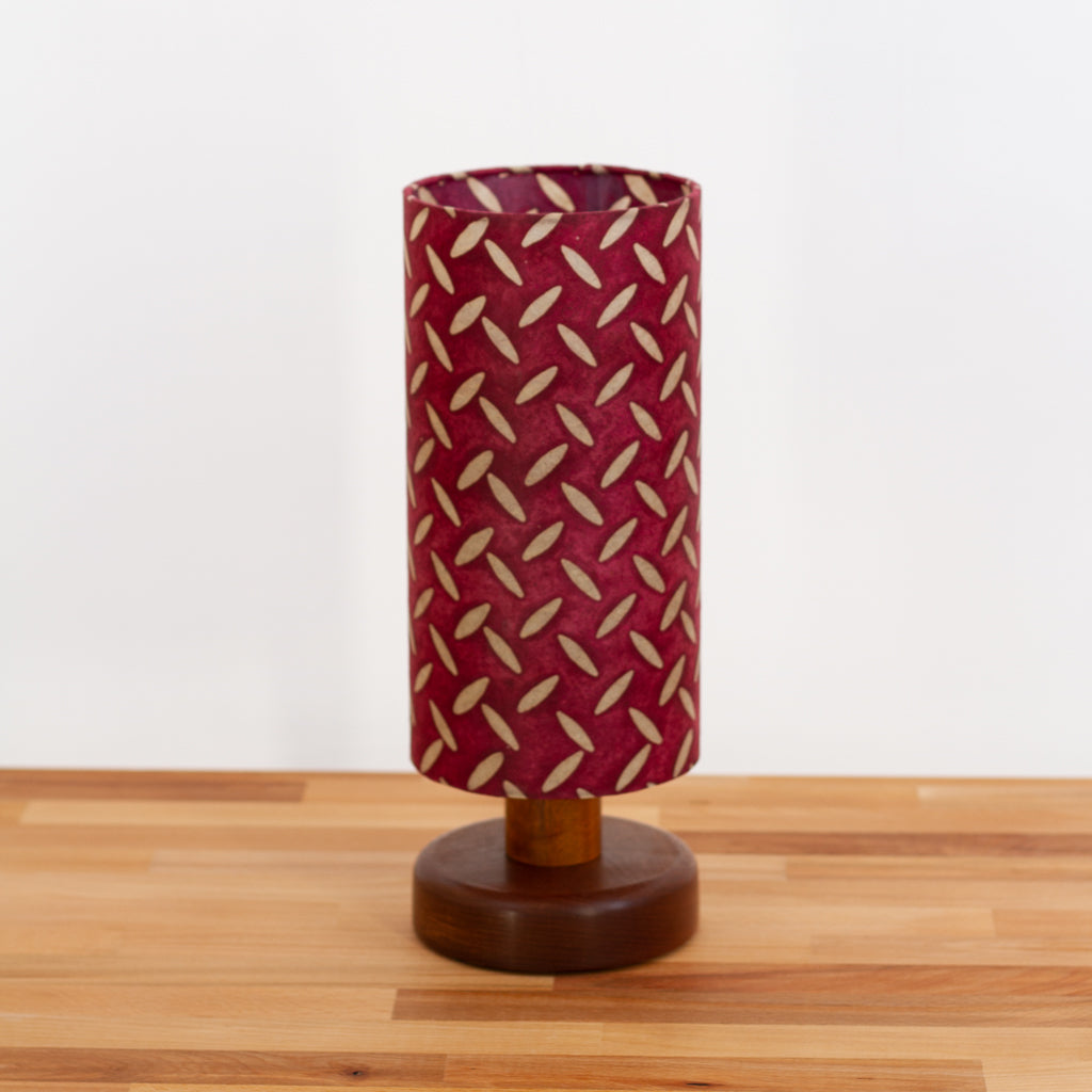 Round Sapele Table Lamp (15cm) with 15cm x 30cm Drum Lampshade in Batik Tread Plate Cranberry(P14)
