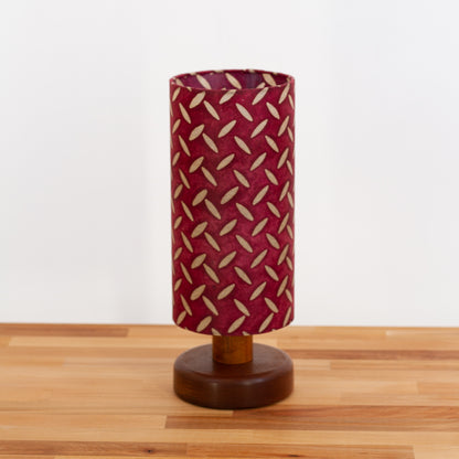 Round Sapele Table Lamp (15cm) with 15cm x 30cm Drum Lampshade in Batik Tread Plate Cranberry(P14)