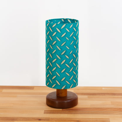Round Sapele Table Lamp (15cm) with 15cm x 30cm Drum Lampshade in Batik Tread Plate Mint Green(P15)