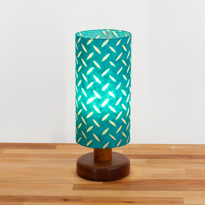 Round Sapele Table Lamp (15cm) with 15cm x 30cm Drum Lampshade in Batik Tread Plate Mint Green(P15)