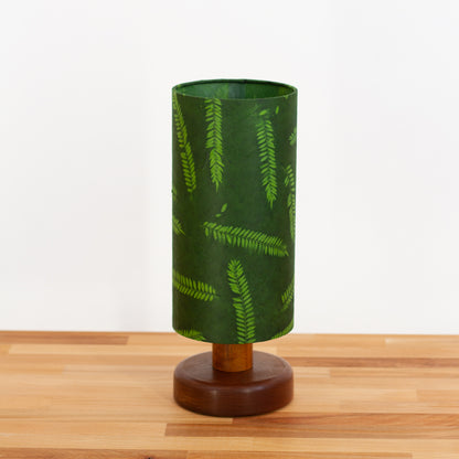 Round Sapele Table Lamp (15cm) with 15cm x 30cm Drum Lampshade in Resistance Dyed Green Fern (P27)