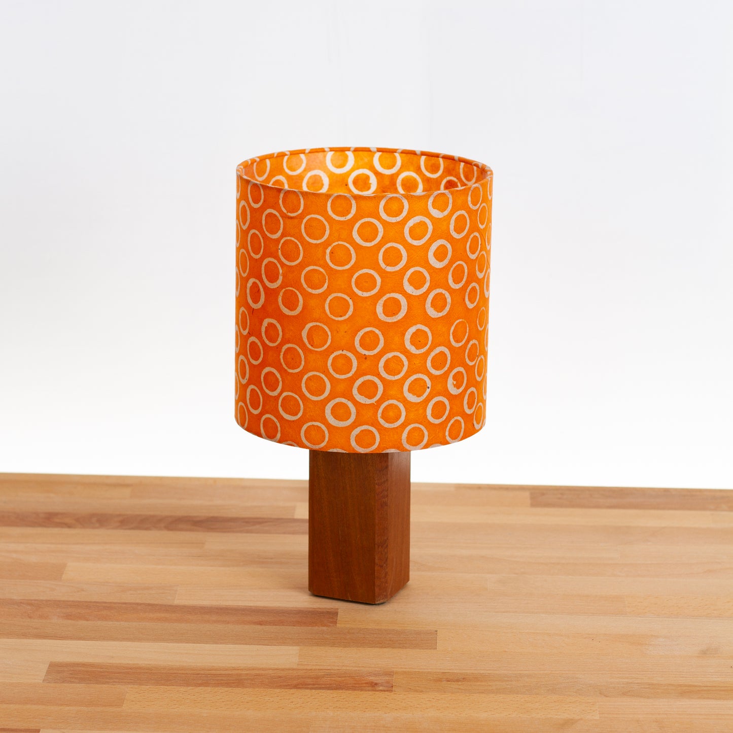 Square Sapele Table Lamp with 20cm Drum Lamp Shade P03 - Batik Orange Circles