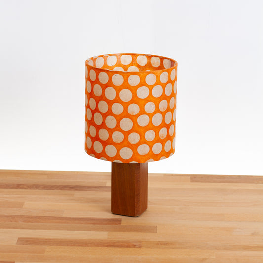 Square Sapele Table Lamp with 20cm Drum Lamp Shade B110 ~ Batik Dots on Orange