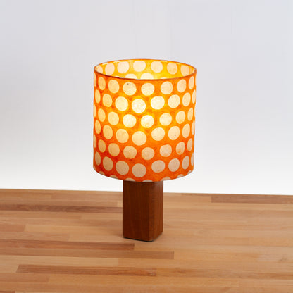 Square Sapele Table Lamp with 20cm Drum Lamp Shade B110 ~ Batik Dots on Orange