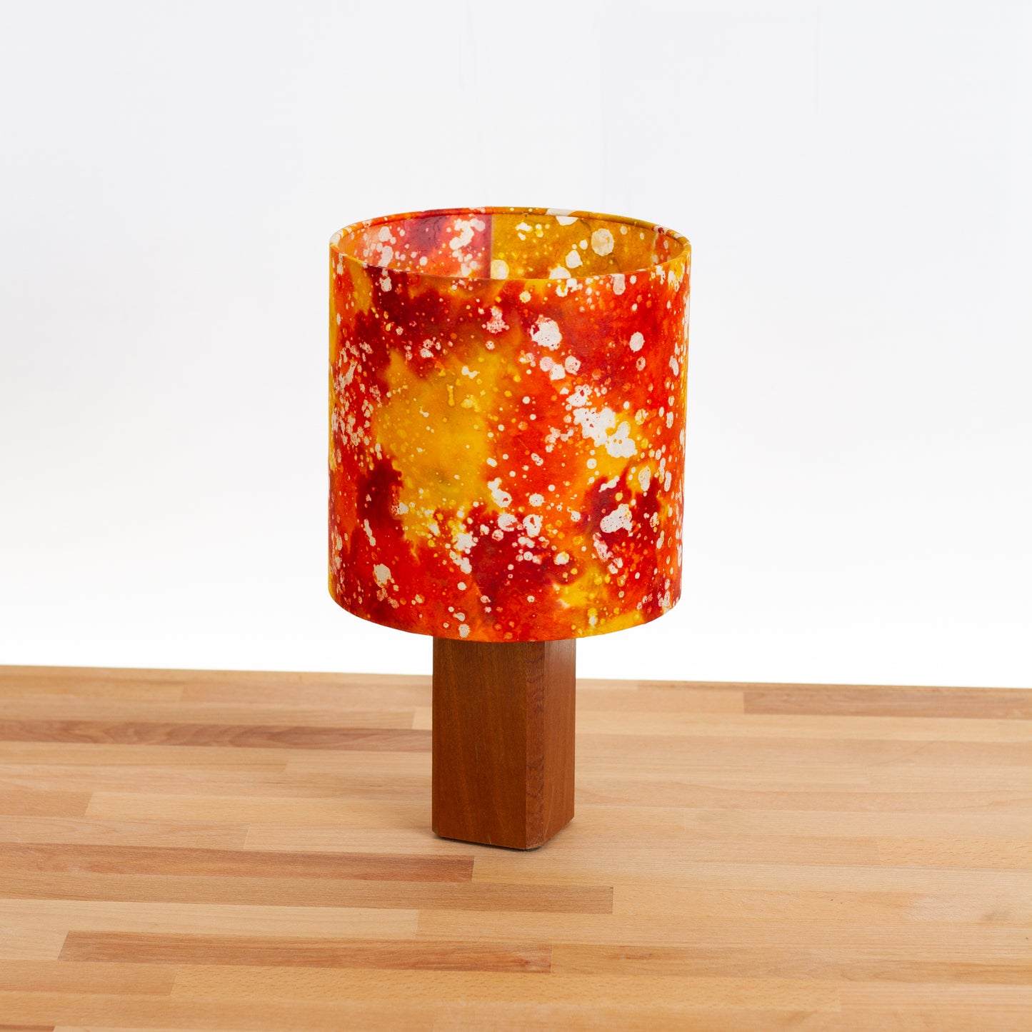 Square Sapele Table Lamp with 20cm Drum Lamp Shade B112 ~ Batik Lava Red/Orange
