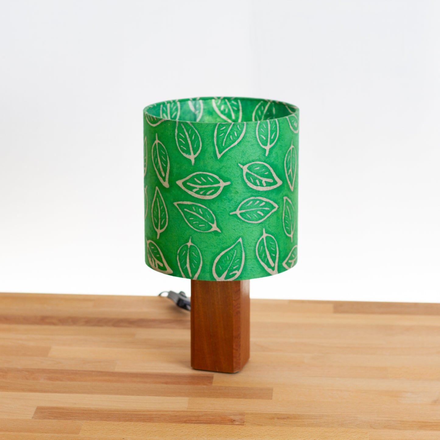 Square Sapele Table Lamp with 20cm Drum Lamp Shade B126 ~ Batik Leaf Bright Green